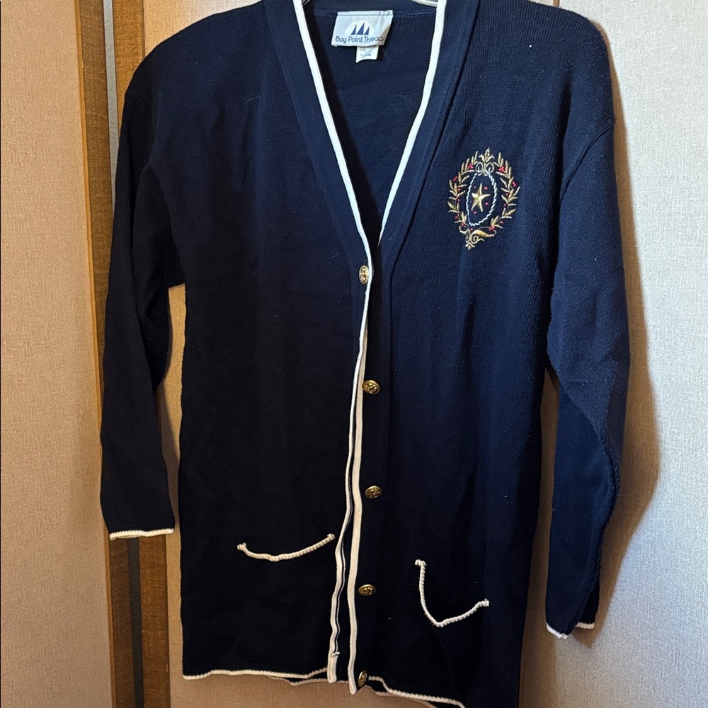 FINAL MARKDOWN Bay point threads Cardigan with Embroidered Crest medium